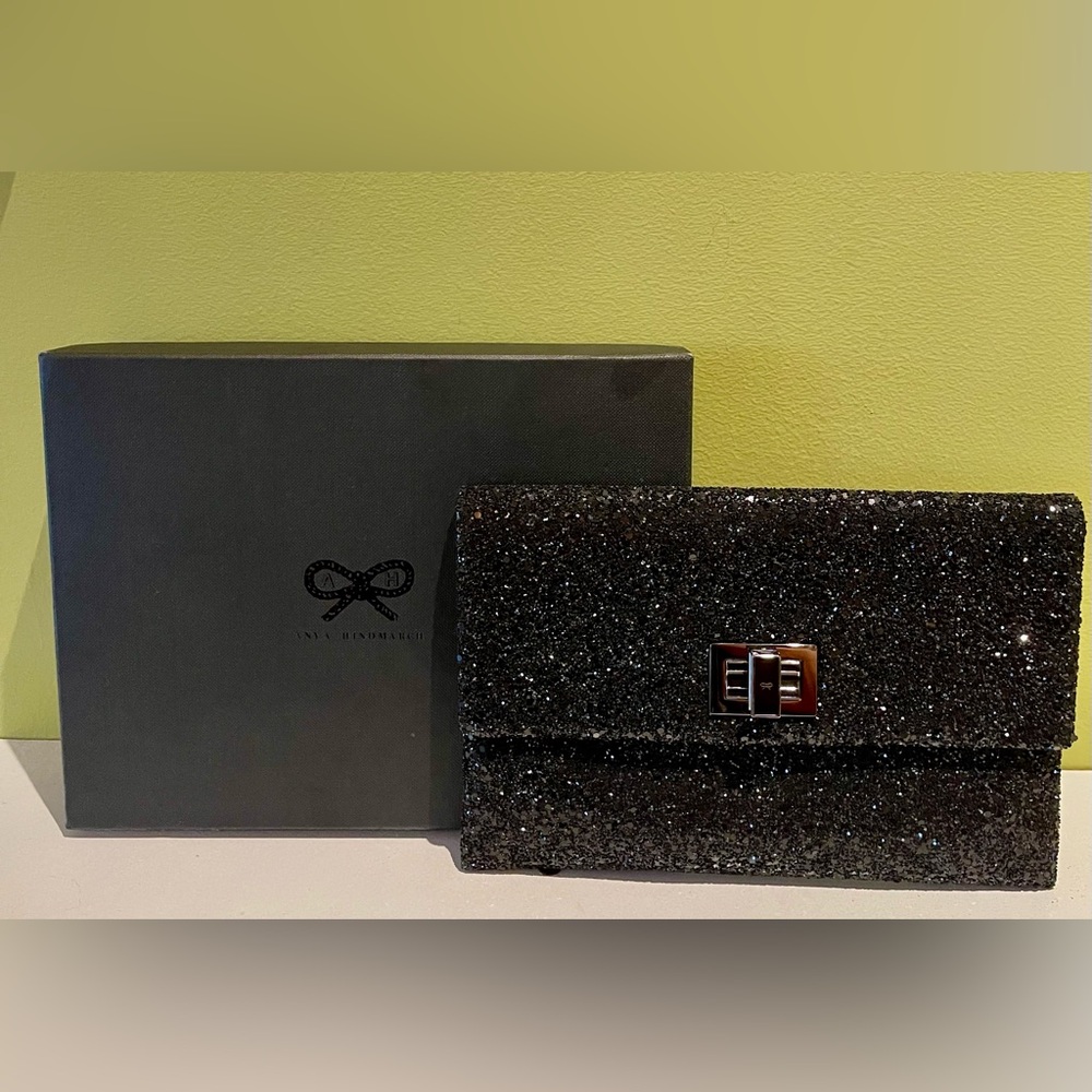 Anya Hindmarch Black Glitter Flap Clutch (w. Original Box)